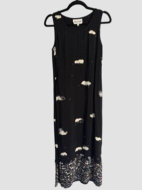 David Dart Sleeveless Maxi Sun Dress XS Whimsical Cloud Butter Mom Black 90s VTG